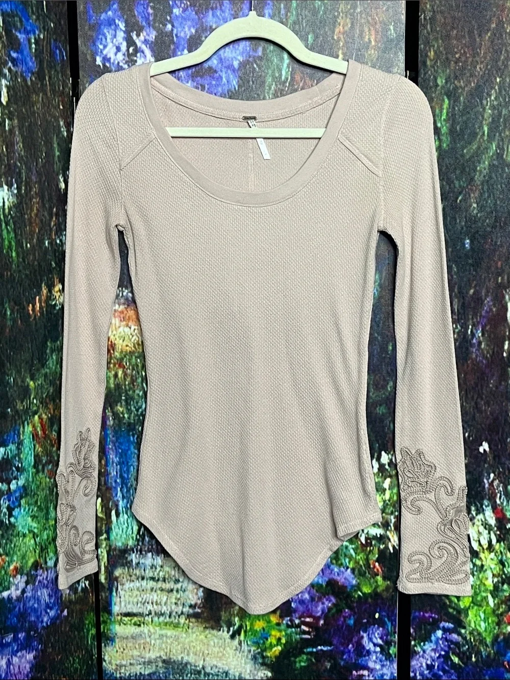 Free People Masquerade Cuff Thermal Top Embroidered Long Sleeve Beige Medium